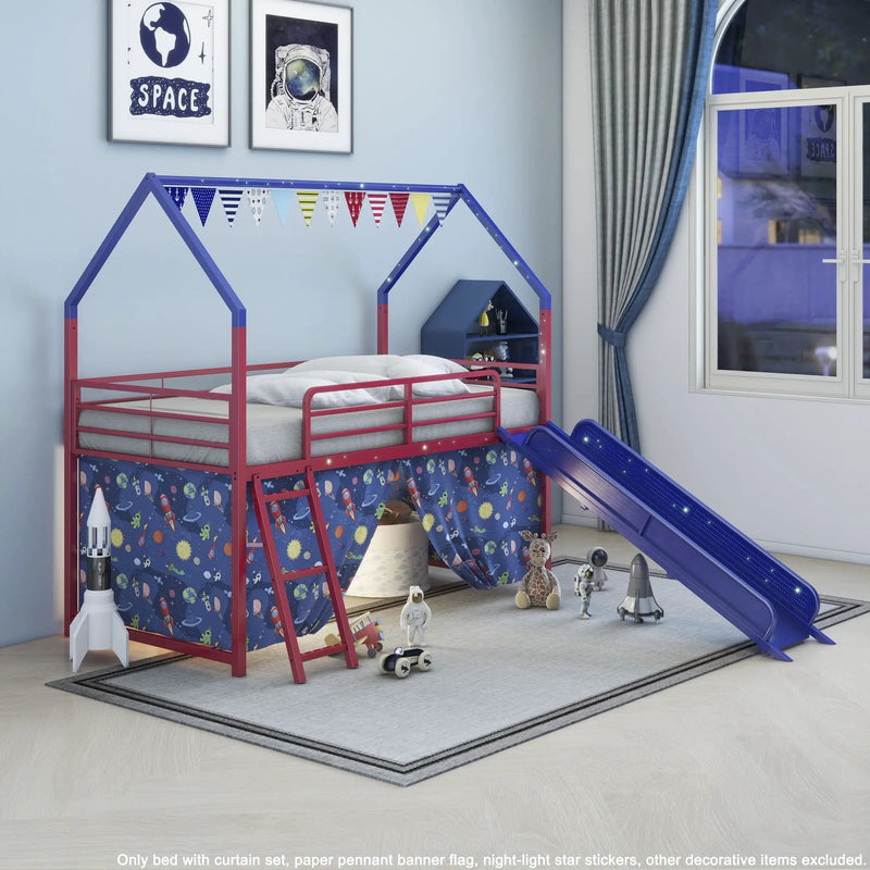 Jack - House Loft Bed With Slide And Curtain Set by HouseOfZazla