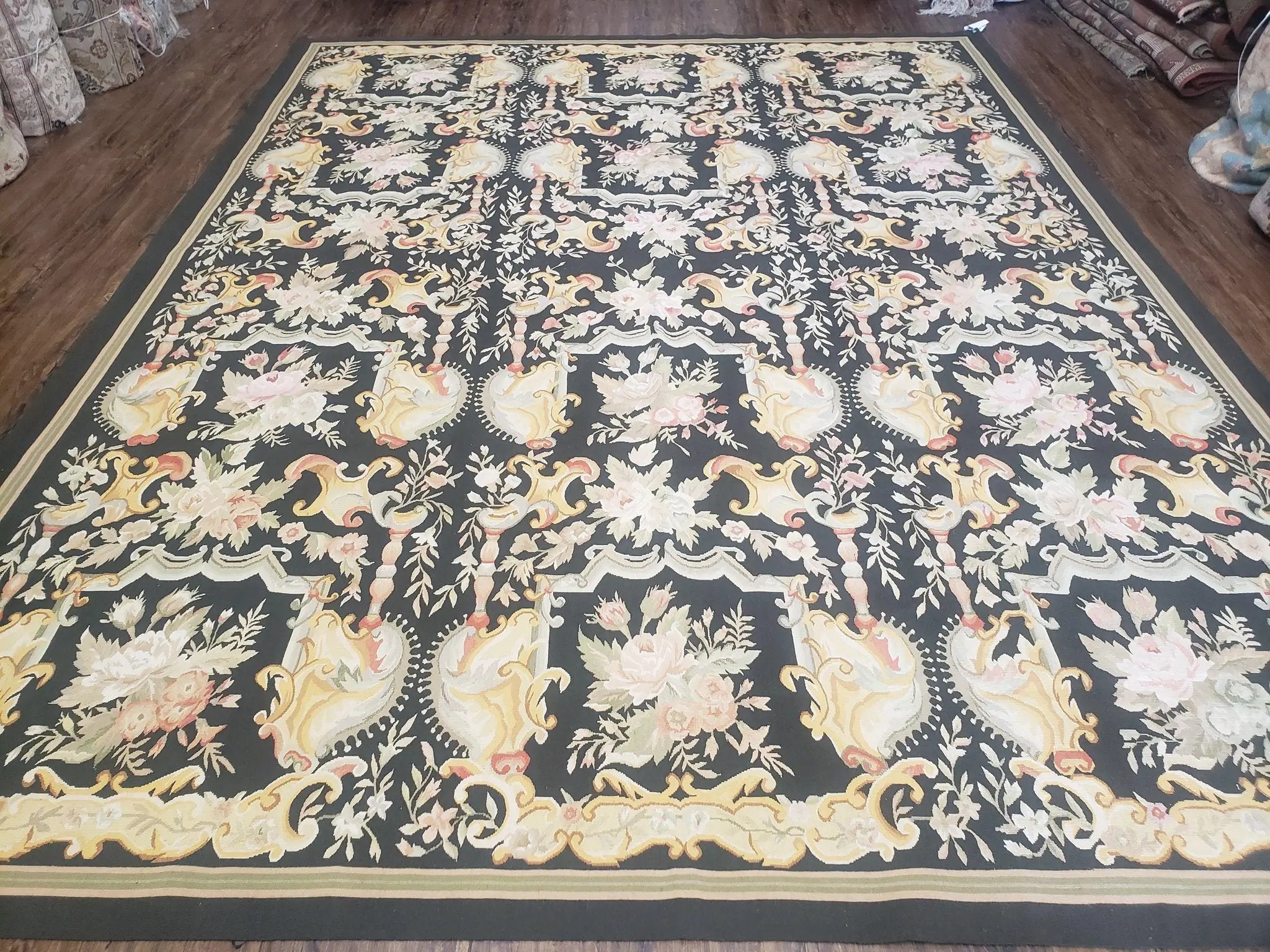 Vintage Black Aubusson Area Rug 8x10, Large Flowers Chinese Aubusson Carpet 7.9 x 10, Wool Hand-Knotted Floral Pattern Flat Weave Rug Nice by Jewel Rugs