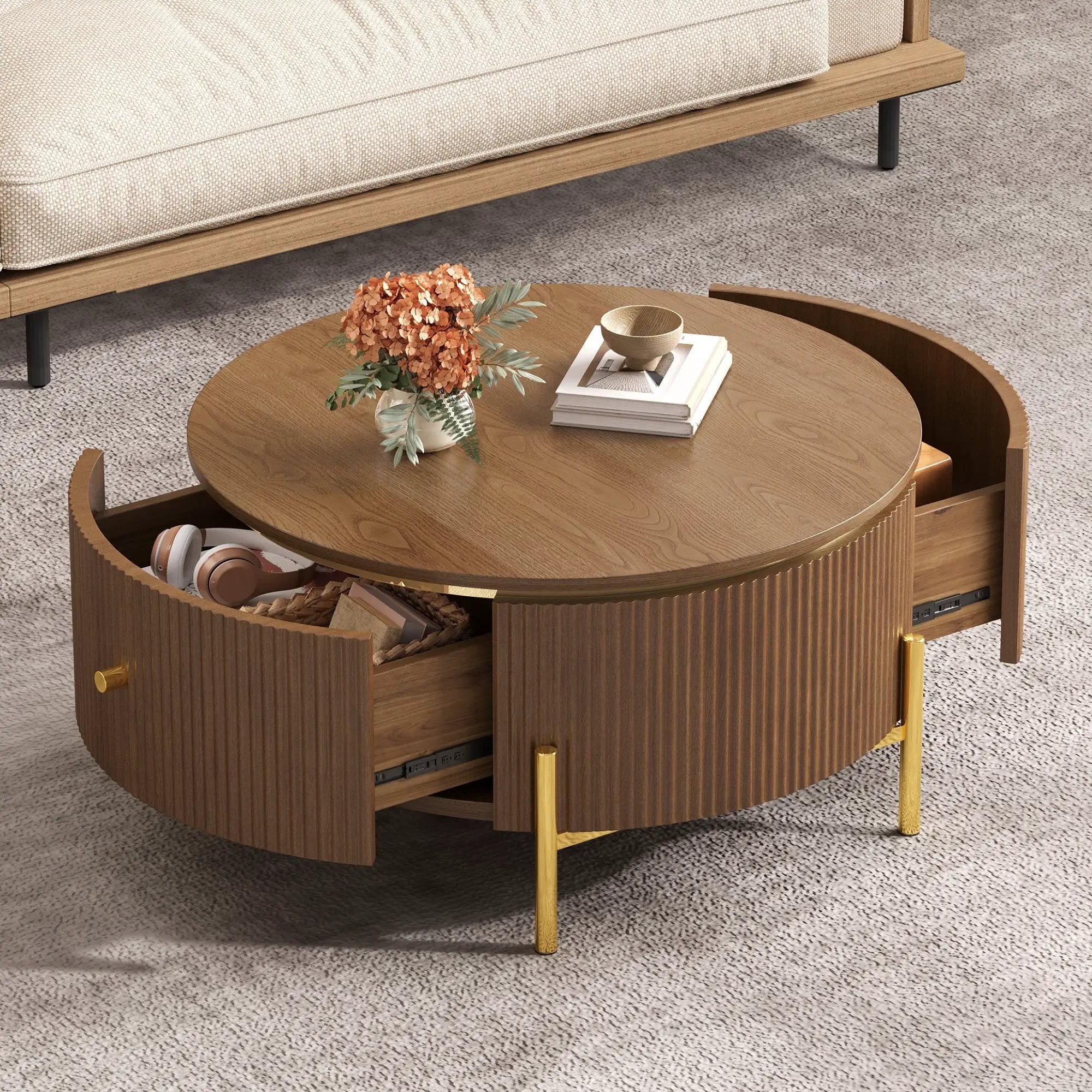 Modern Round Coffee Table with 2 Large Drawers Storage Accent Table by HouseOfZazla