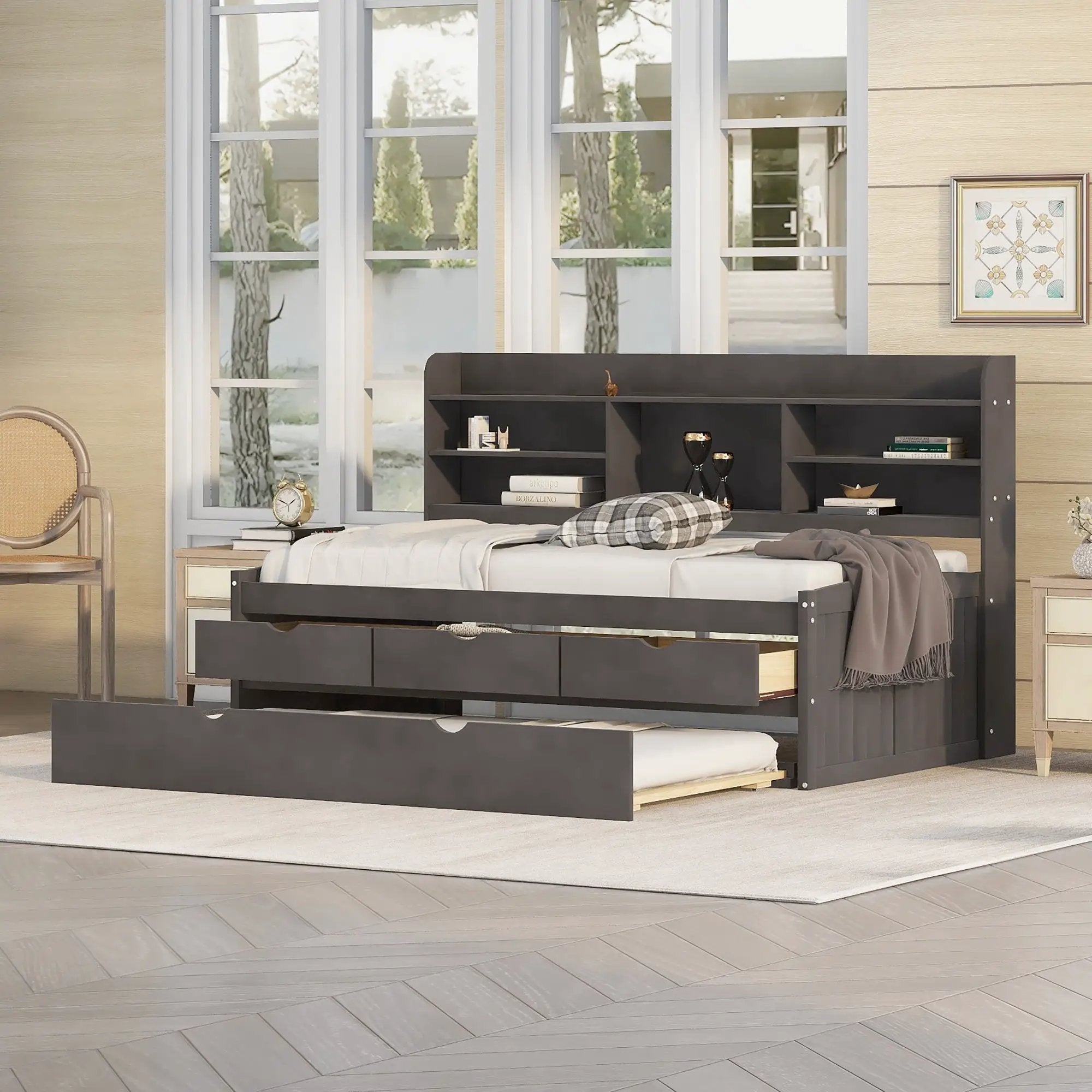 Captain Bed With Built In Bookshelves, 3 Storage Drawers, And Trundle by Unique Piece Furniture