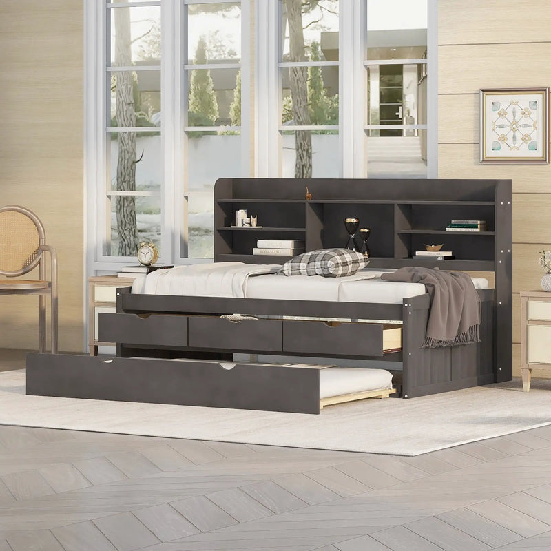 Captain Bed With Built In Bookshelves, 3 Storage Drawers, And Trundle by Unique Piece Furniture