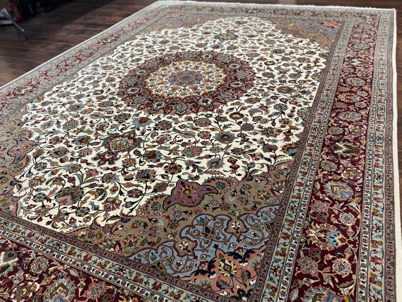 Persian Tabriz Rug 8x11, Floral Medallion Traditional Area Rug, Fine 300 KPSI, Ivory Maroon by Jewel Rugs