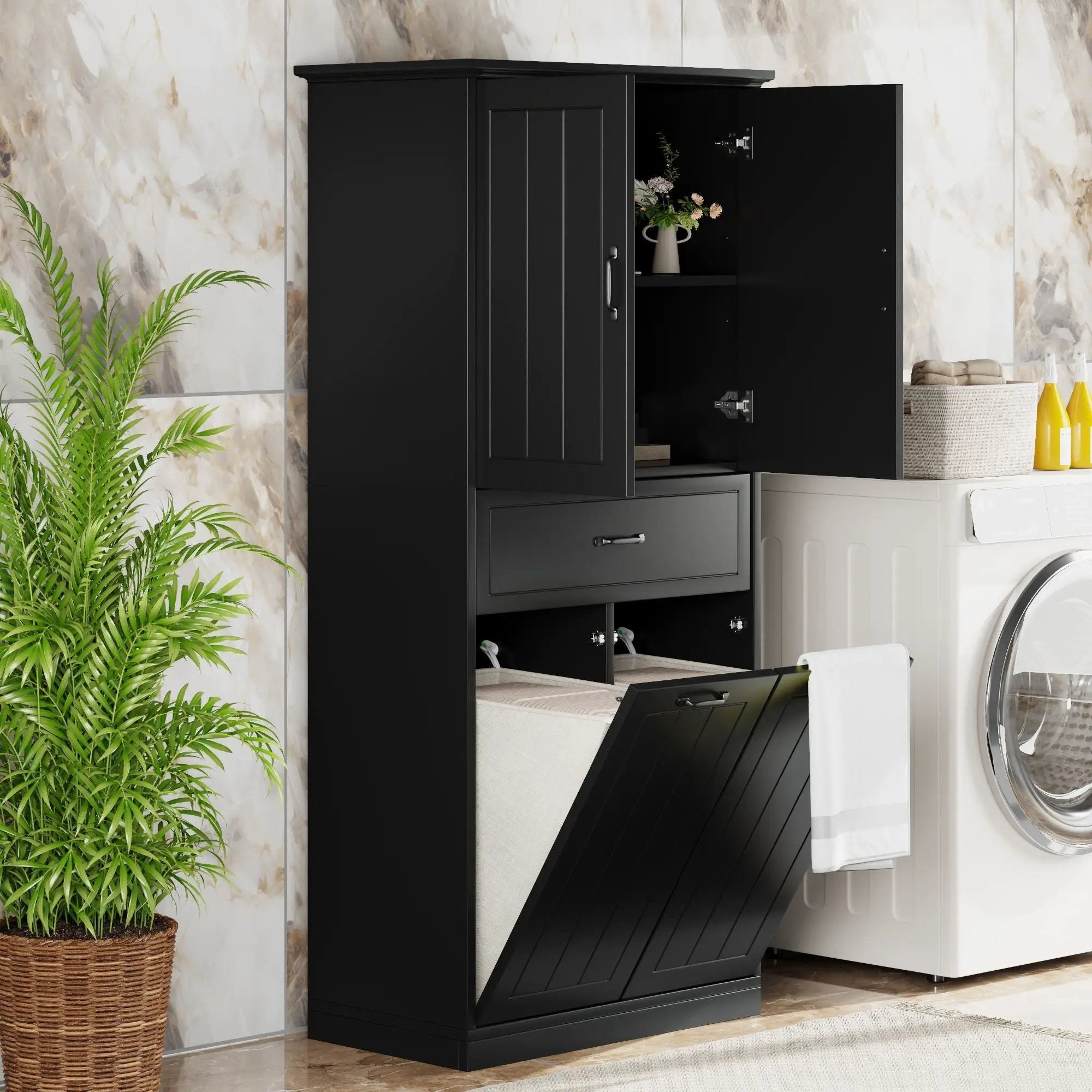 Modern Bathroom Storage Cabinet with Two Laundry Baskets, One Drawer, Adjustable Shelf by HouseOfZazla