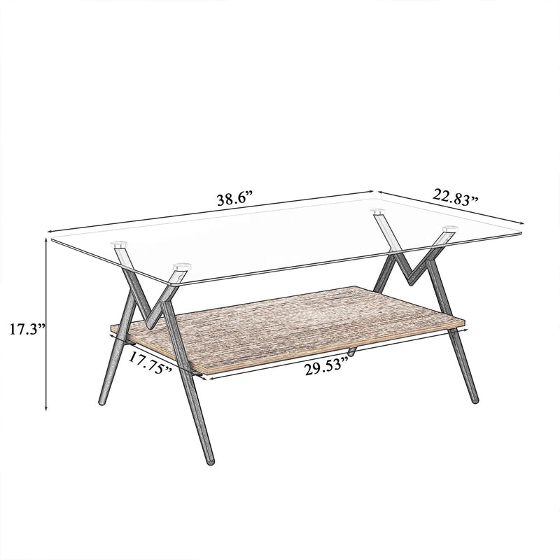 Rectangle Coffee Table With Tempered Glass Top And Shelf, Modern Table For Living Room by HouseOfZazla