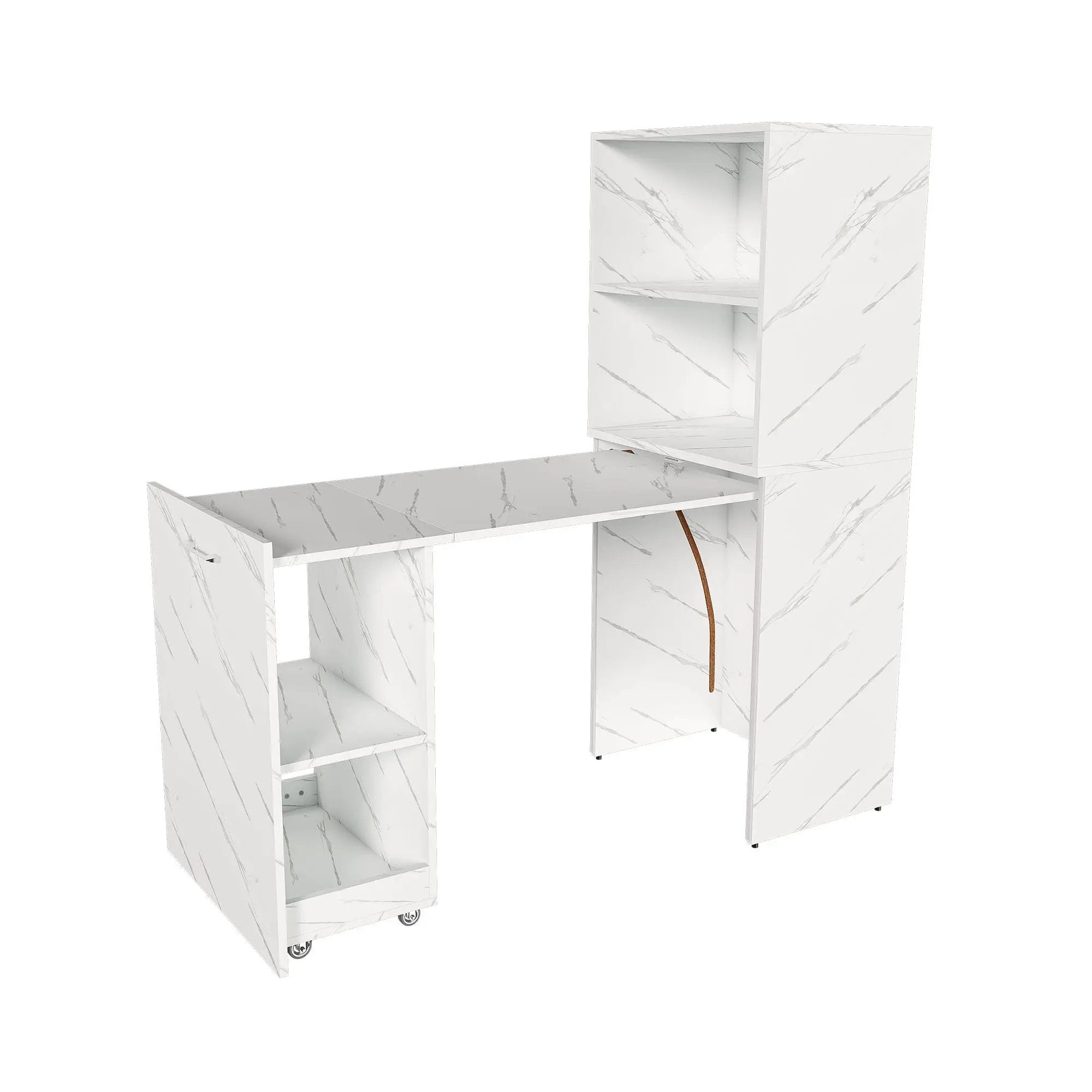Stretchable Office Desk With Storage Shelves And Mobile Wheels, Foldable Design For Small Apartments - White Marble by HouseOfZazla