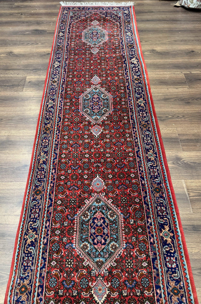 Indo Persian Bidjar Runner Rug 3 x 18.6, Red Navy Blue, Long Runner, Wool Oriental Carpet by Jewel Rugs