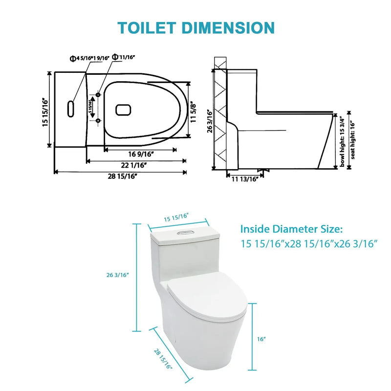 1 Piece Toilet For Bathroom, Dual Flush 1.24 / 1.43 Gpf, Soft Closing Seat - White by HouseOfZazla