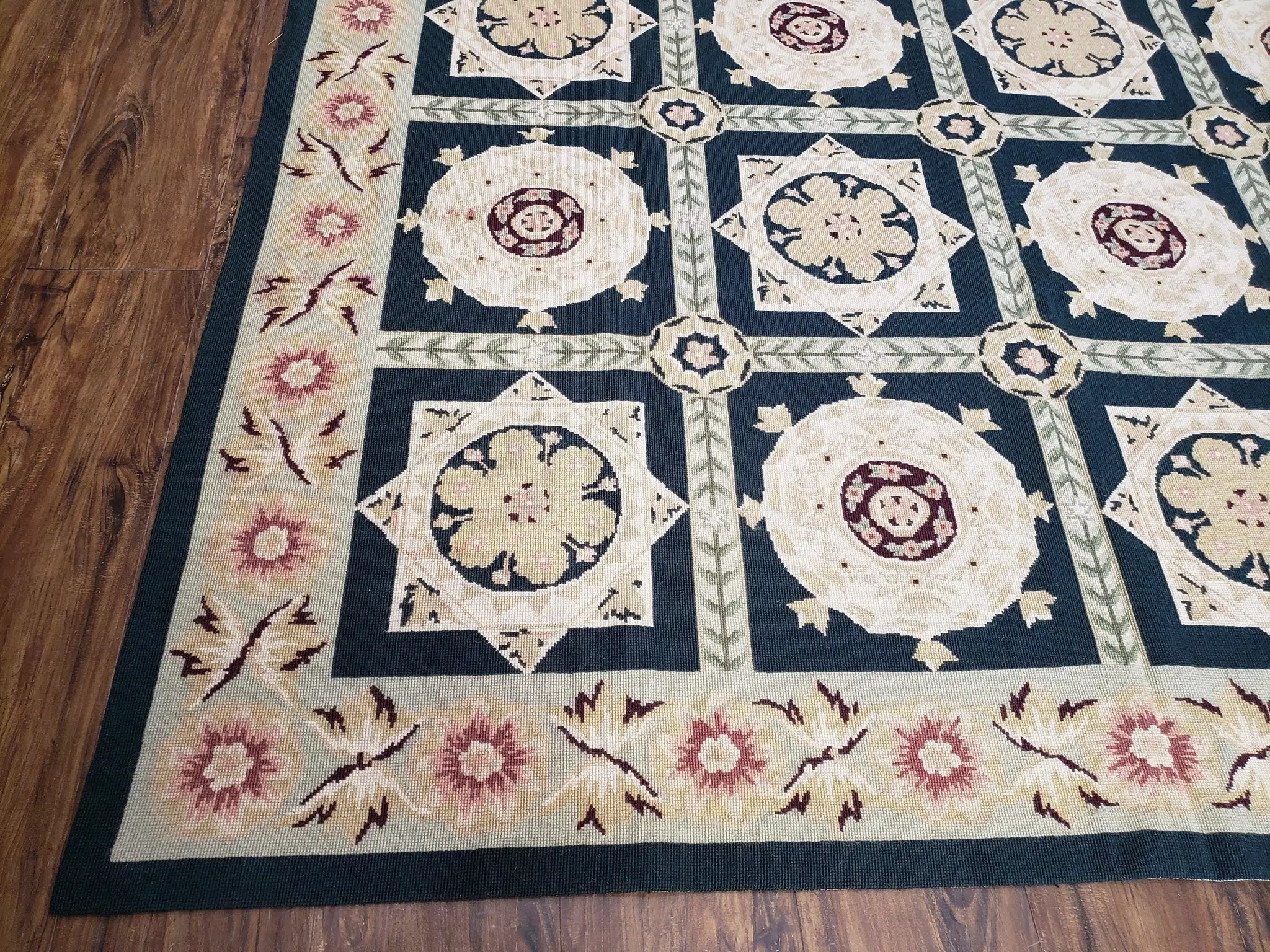 Vintage Chinese Needlepoint Rug 6x9, Panel Design Area Rug Wool Hand-Woven Black & Ivory Carpet Flat Weave Bedroom Rug 6 x 9 Living Room Rug by Jewel Rugs