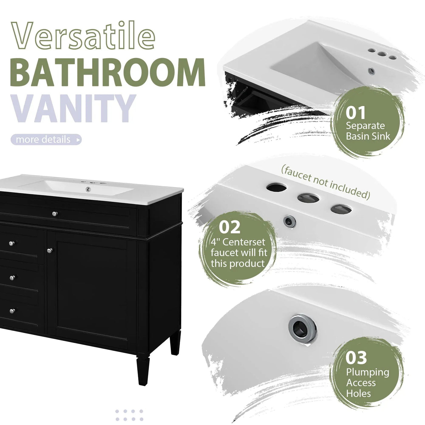 Bathroom Vanity With Mirror Cabinet, Single Sink With 2 Soft Closing Doors And 4 Drawers by Unique Piece Furniture