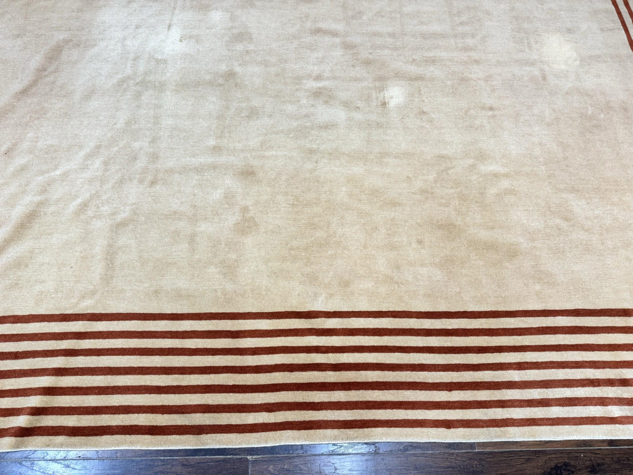 Modern Tibetan Rug 11 x 14.6, Wool and Silk, Simple Design, Handmade Large Area Rug, Cream by Jewel Rugs