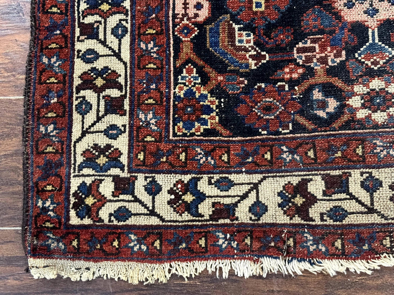 Navy Blue Antique Persian Rug 3x6, Blue and Ivory Persian Carpet, Handmade 1920s Hamadan Rug by Jewel Rugs