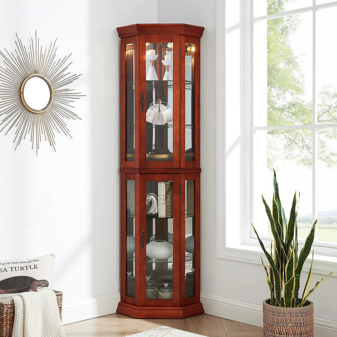 Corner Curio Cabinet With Lights, Adjustable Tempered Glass Shelves, Mirrored Back, Display Cabinet (E26 Light Bulb Not Included) by Unique Piece Furniture