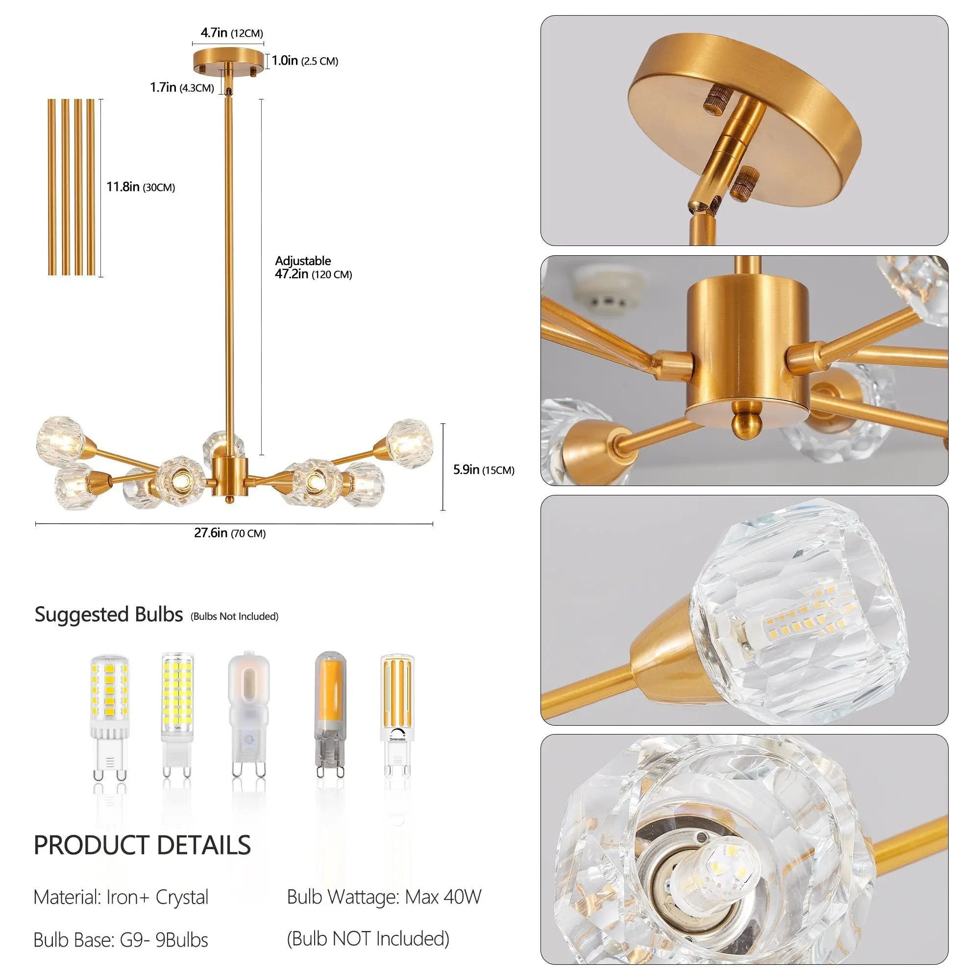 28" Modern Crystal Chandelier with 9 Lights in Golden Finish by HouseOfZazla