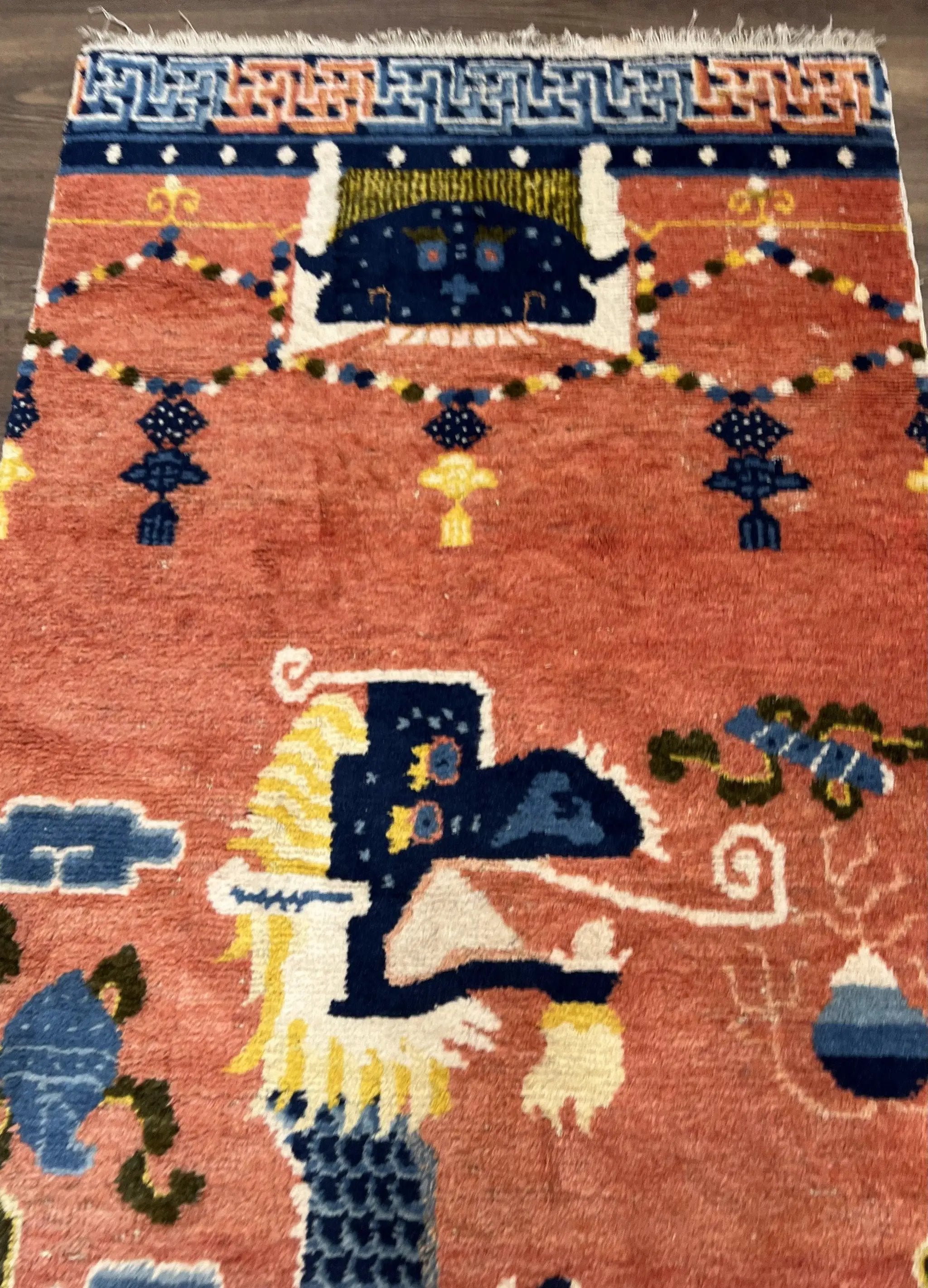 Rare Chinese Ningxia Pillar Rug 3x8, Late Qing Dynasty, 5 Clawed Dragon, Cloud Rainbow Border, Collectible Antique Carpet, Wool Hand Knotted by Jewel Rugs