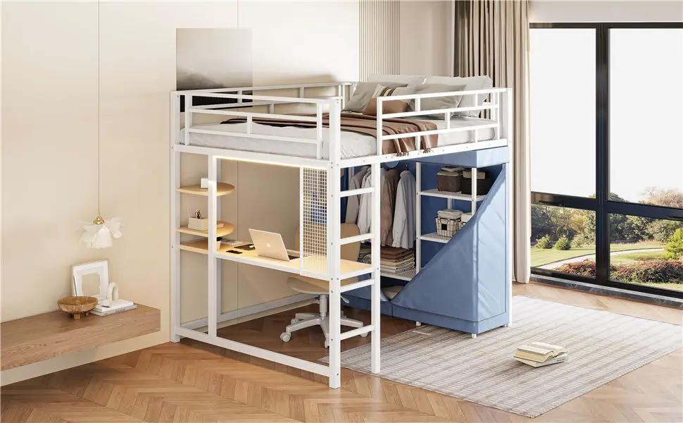 Loft Bed With Desk, Shelves, Power Outlet, LED Light And Wardrobe by HouseOfZazla