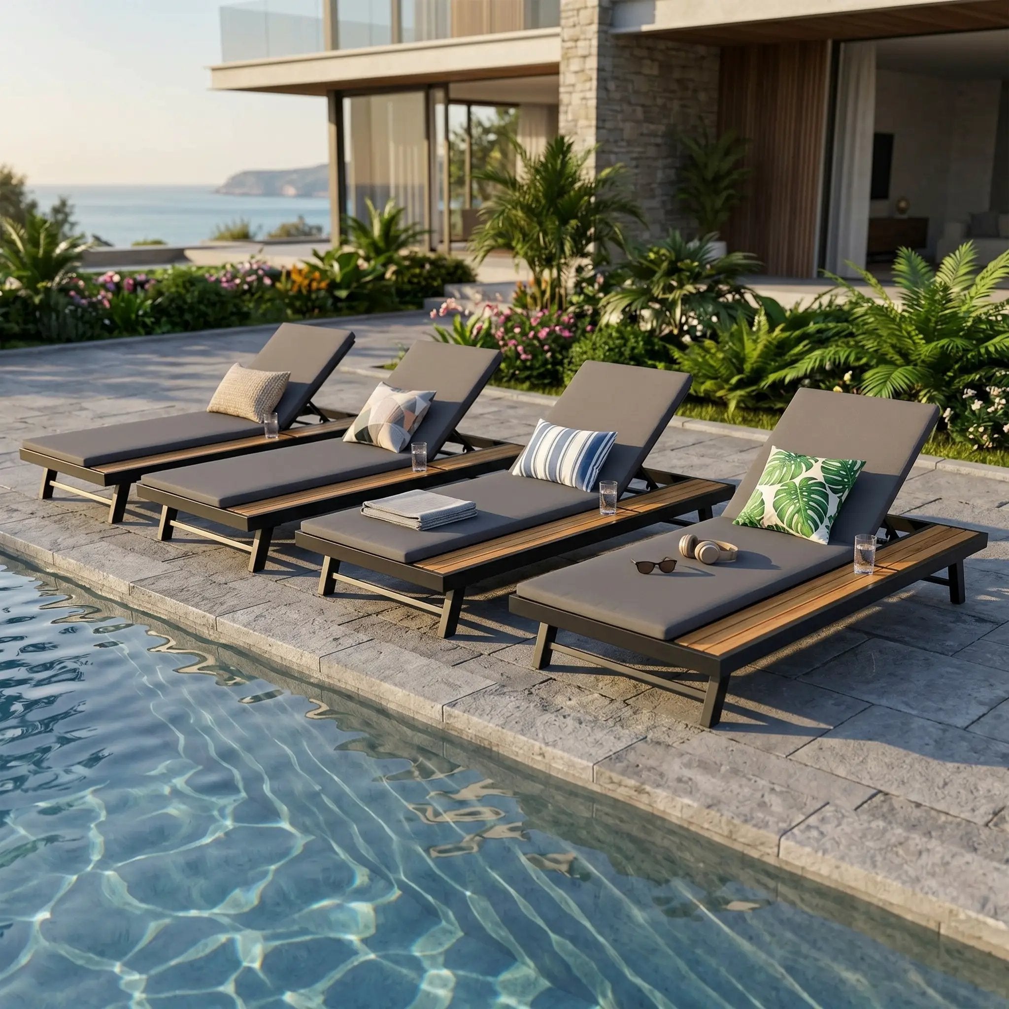 Black Iron + Teak Finish Outdoor Chaise Lounge Set by HouseOfZazla