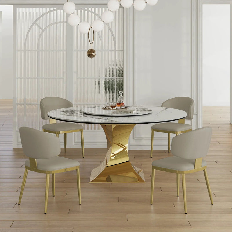 Luxury Round 59" Sintered Stone Dining Table With Stainless Steel Hourglass Base, Scratch & Heat Resistant Surface - Golden / White by HouseOfZazla