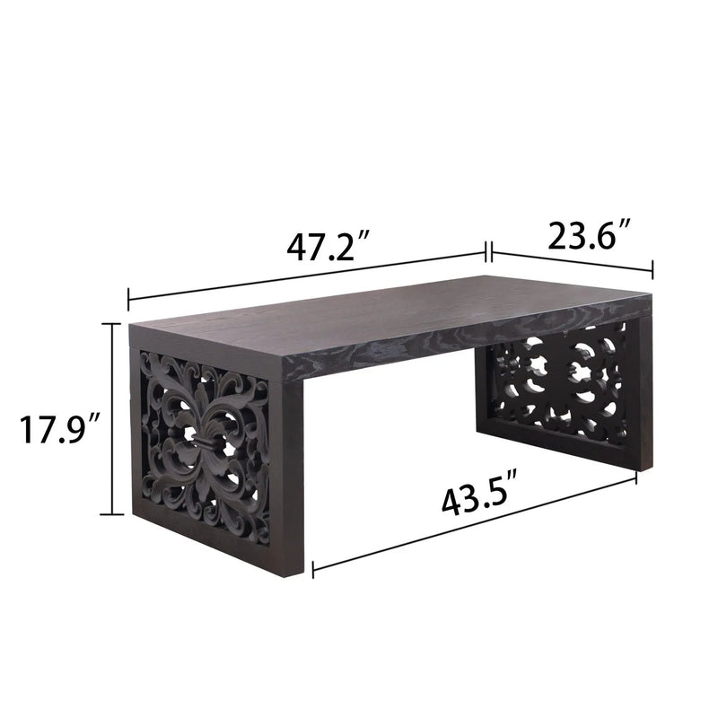Rustic Carved Wood Coffee Table, Handcrafted Look With Ornate Side Panels by HouseOfZazla