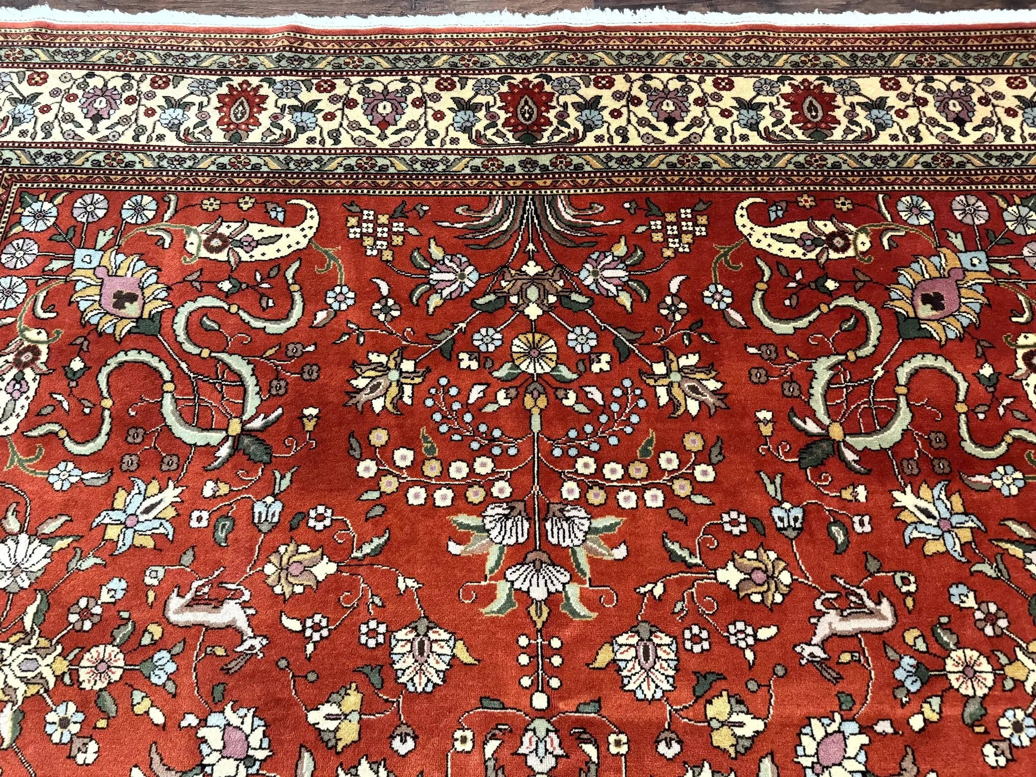 Romanian Rug 10x13, Vintage Handmade Wool Carpet, Floral Pattern, Birds, Red and Cream, Signed By Masterweaver, Persian Rug by Jewel Rugs