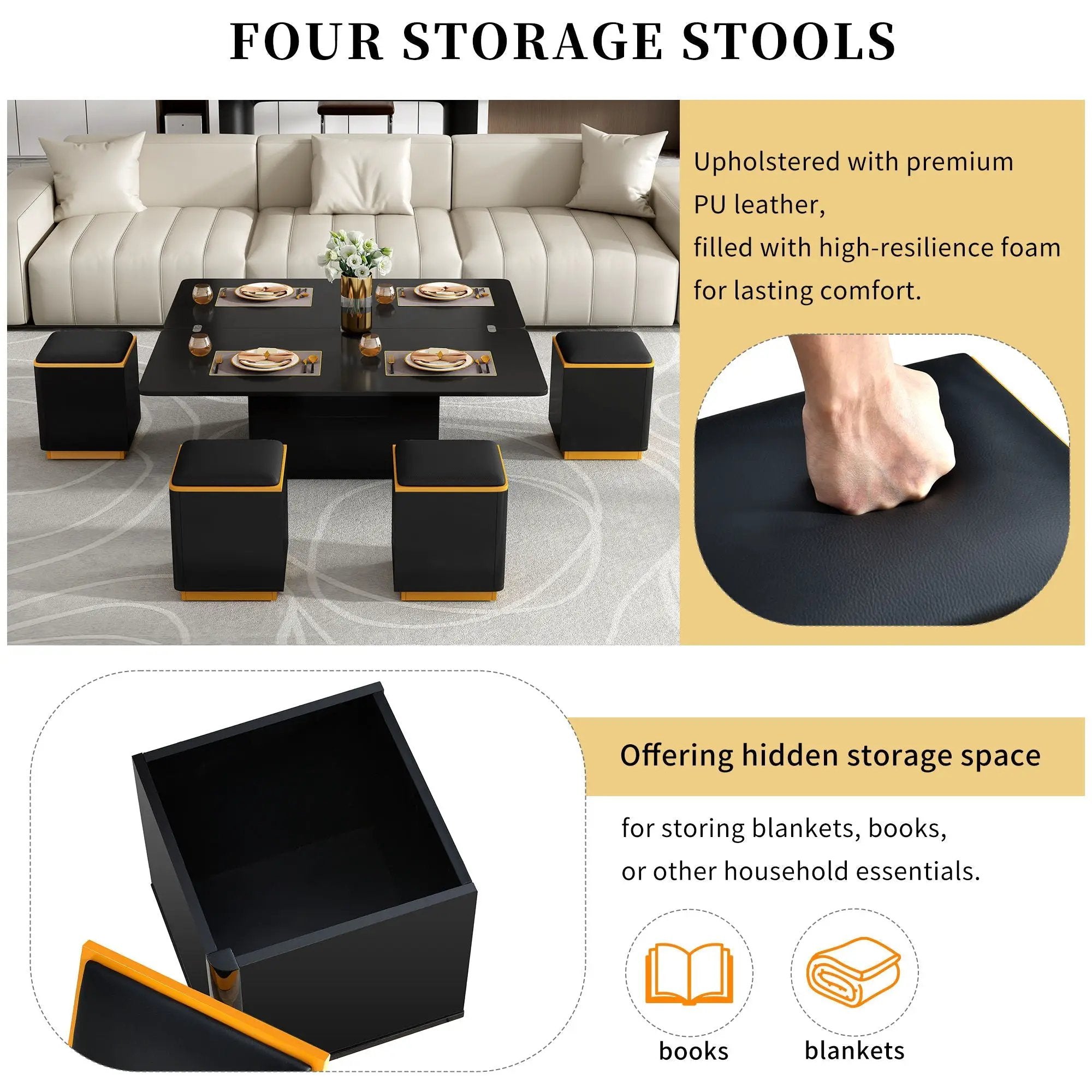 Lift Top Coffee Table With 4 Storage Stools by Unique Piece Furniture