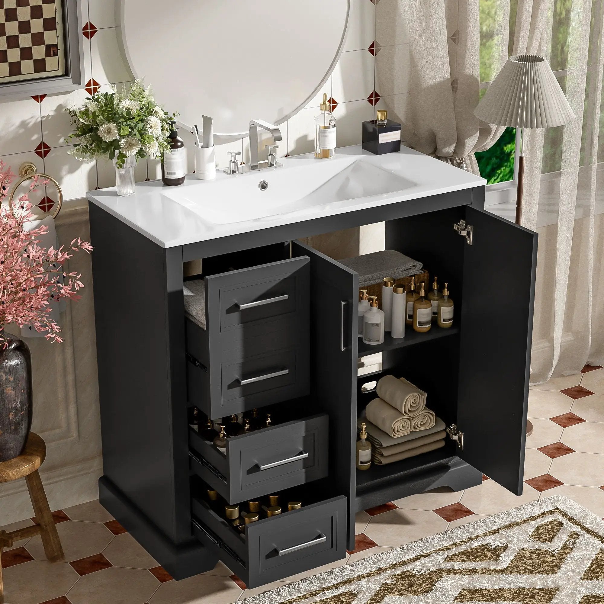 Bathroom Vanity With Sink, Soft Close Doors, Adjustable Shelf & 3 Drawers by Unique Piece Furniture