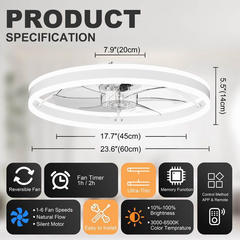 23.6 Inch Ceiling Fan with Light, Quiet DC Motor, Dimmable 3-Color LED by HouseOfZazla