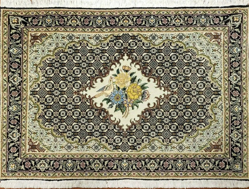 Small Persian Rug 2.4 x 3, Birds and Flowers, Finely Hand Knotted by Jewel Rugs