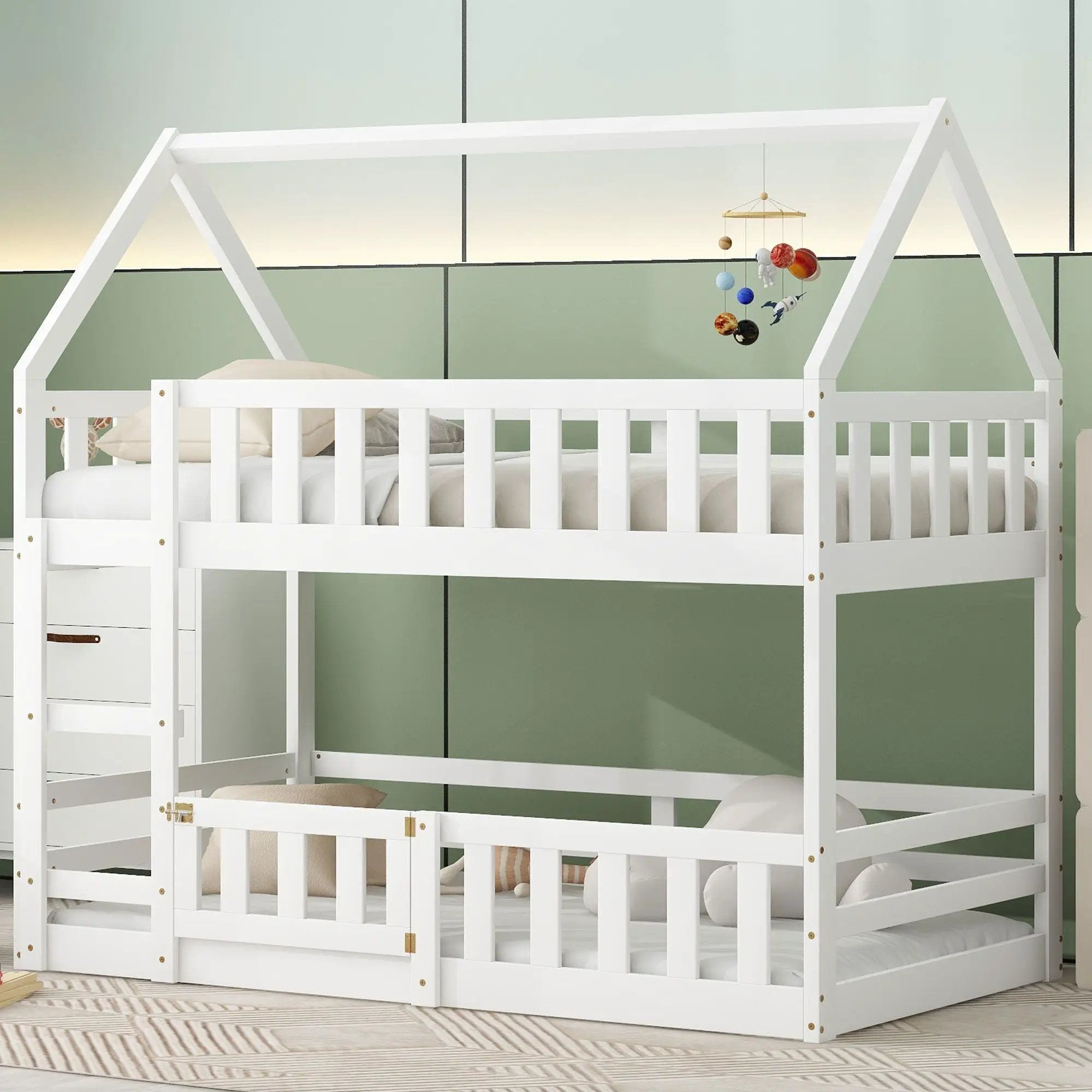 Twin Over Twin House Bunk Bed With Fence And Door by HouseOfZazla