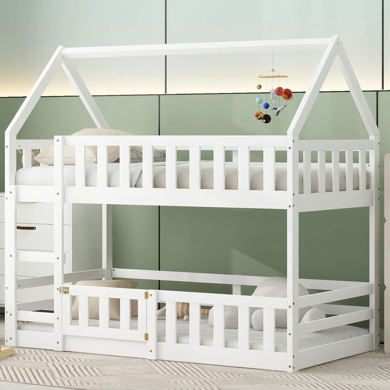 Twin Over Twin House Bunk Bed With Fence And Door by HouseOfZazla