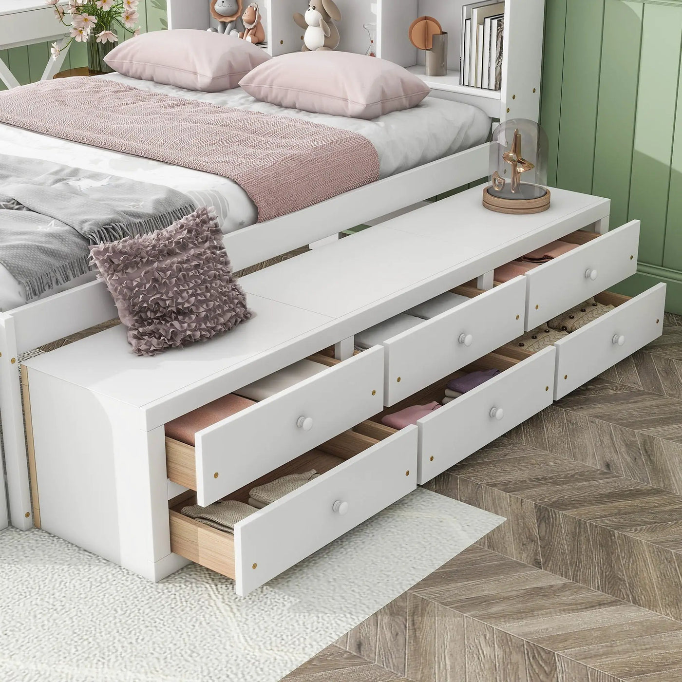 Bed With Bookcase Headboard, Under Bed Storage Drawers And Bed End Storage Case by Unique Piece Furniture