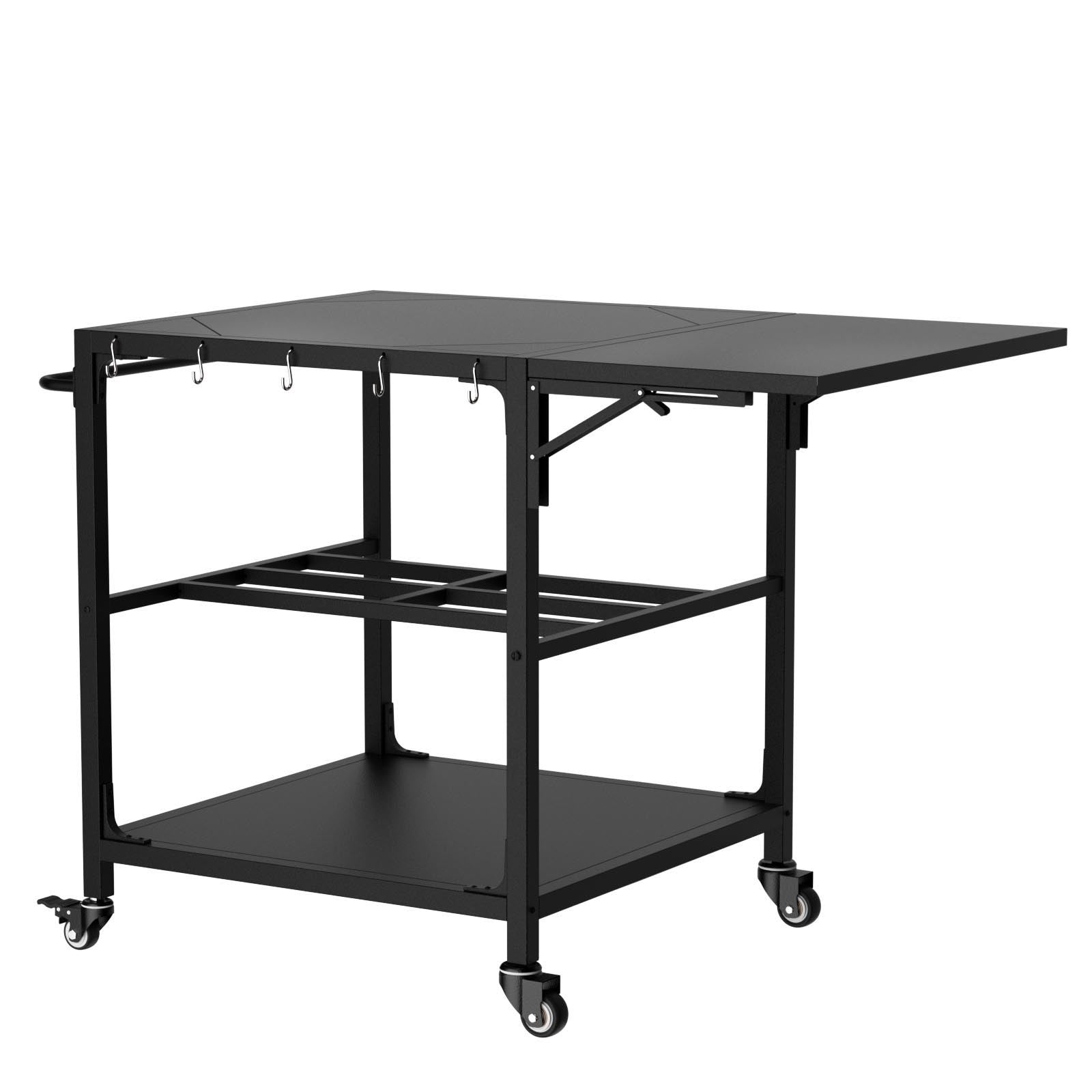 Outdoor Grill Table, Prep Cart With Wheels, Storage Shelf And Hooks - Black by HouseOfZazla