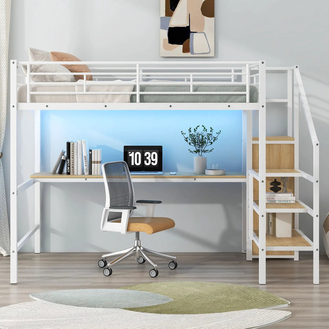 Loft Bed With Desk, Storage Staircase, Small Wardrobe And LED Light by HouseOfZazla