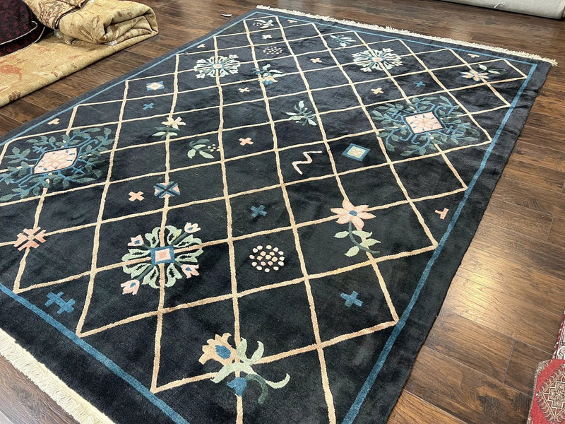 Tibetan Rug 9x12, Hand Knotted Tibet Nepali Contemporary Carpet 9 x 12 ft, Black and Tan, Handmade Area Rug Room Sized, Nepalese Rug by Jewel Rugs