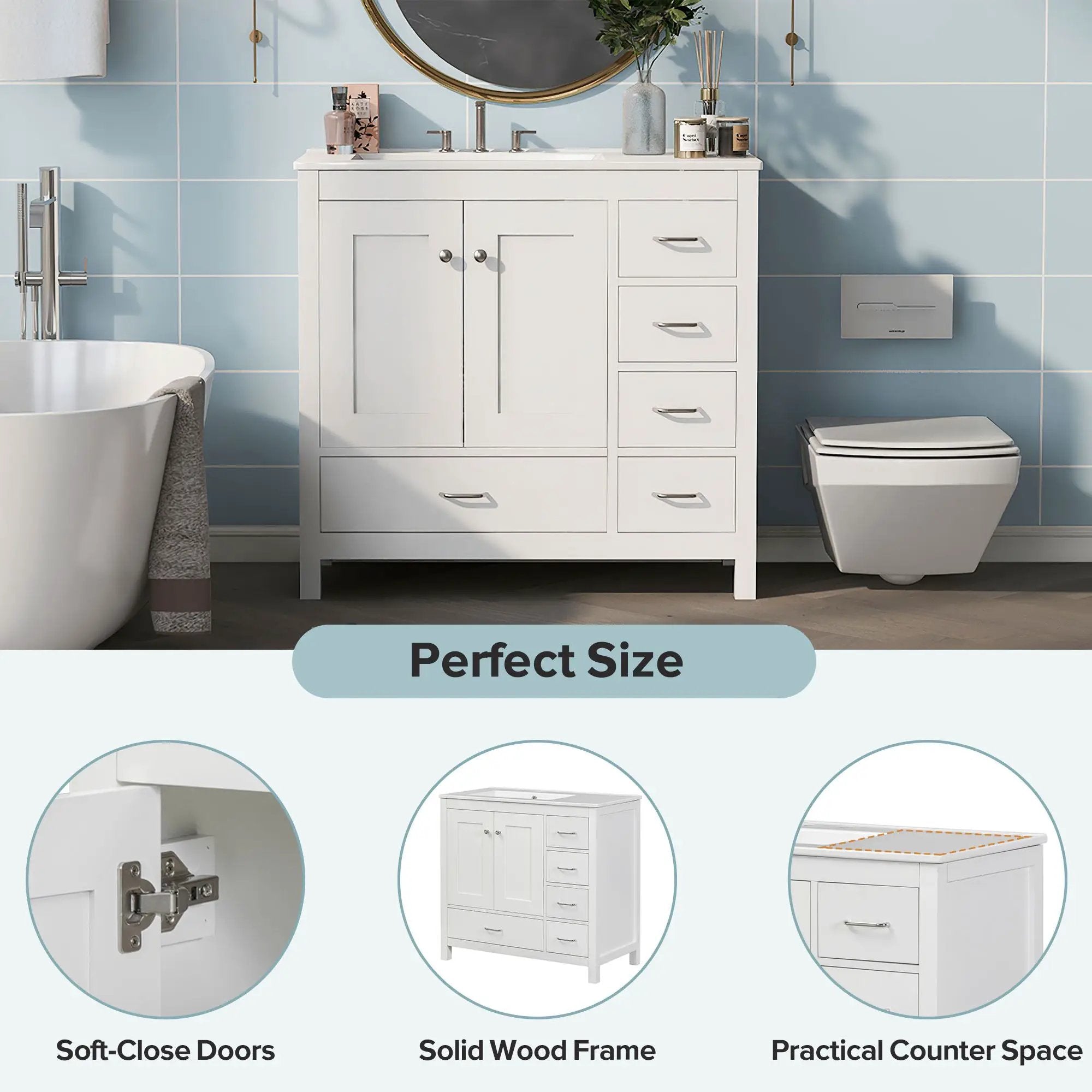 Bathroom Vanity With Ceramic Sink Combo, Abundant Storage Cabinet 2 Soft Close Doors And 5 Drawers by HouseOfZazla