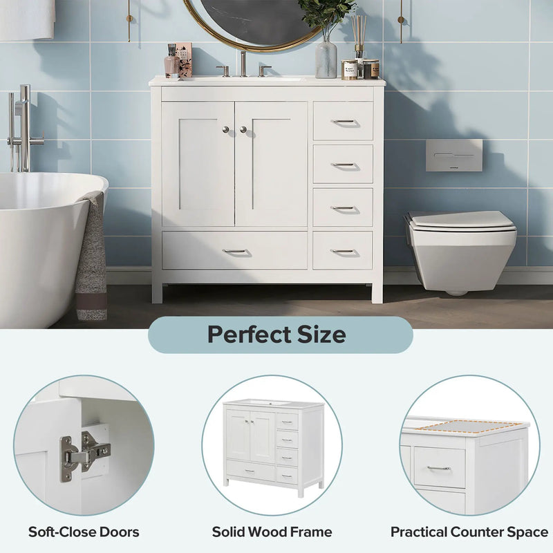Bathroom Vanity With Ceramic Sink Combo, Abundant Storage Cabinet 2 Soft Close Doors And 5 Drawers by HouseOfZazla