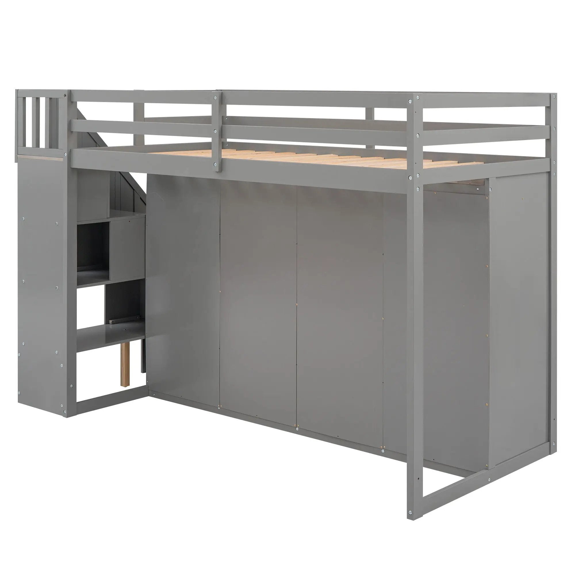 Loft Bed With 3 Shelves, 2 Wardrobes, 2 Drawers, Ladder Storage