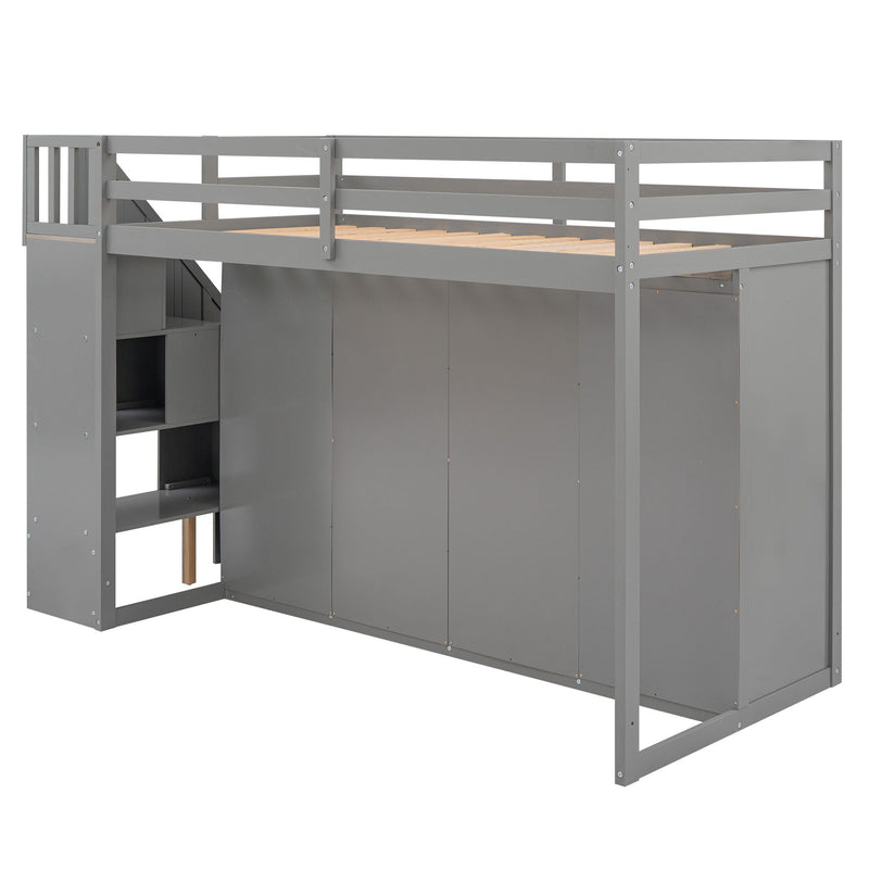 Loft Bed With 3 Shelves, 2 Wardrobes, 2 Drawers, Ladder Storage