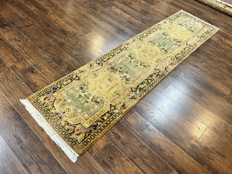 Tibetan Runner Rug 2.6 x 10, French Aubusson Pattern, Gold Olive Green, Vintage Handmade European Design, Wool Hallway Rug by Jewel Rugs