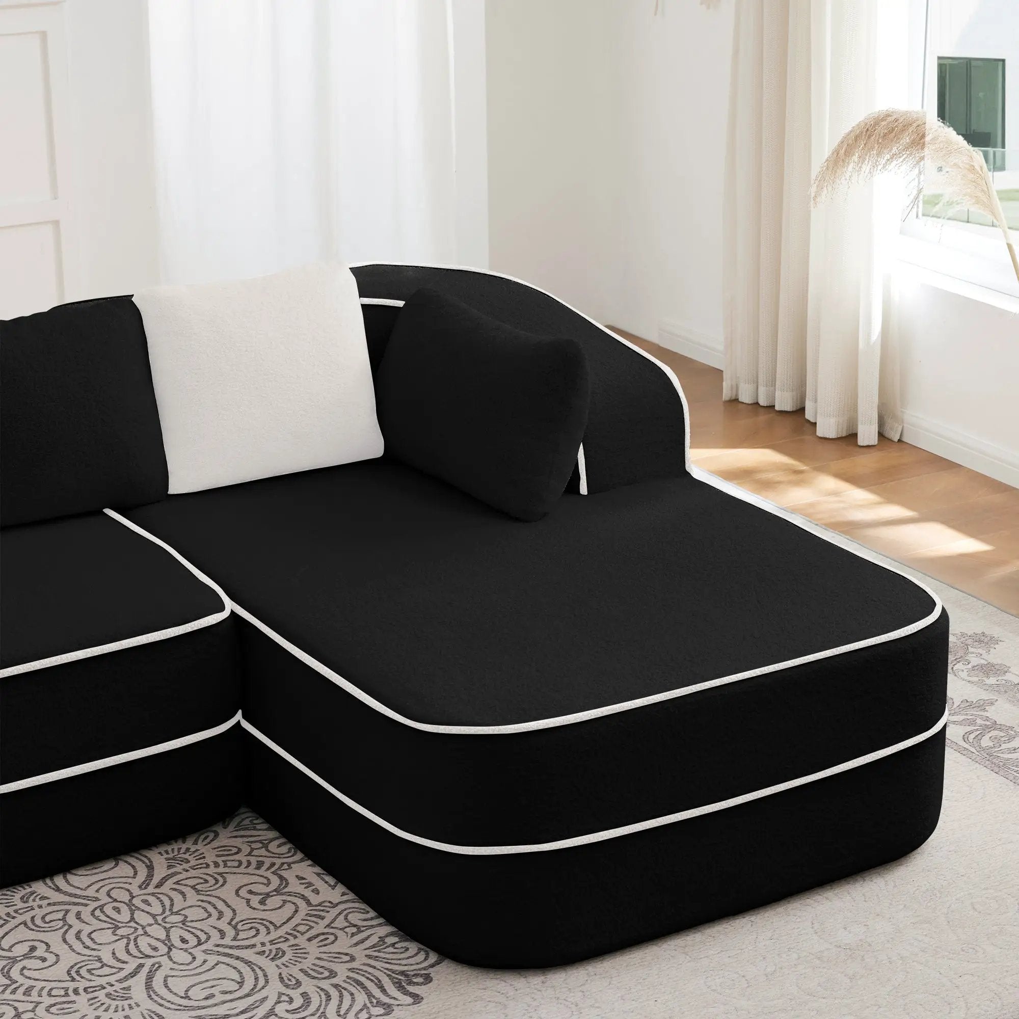 ELYSEES Right Chaise Sofa With Pillows Teddy Fabric - Black by HouseOfZazla