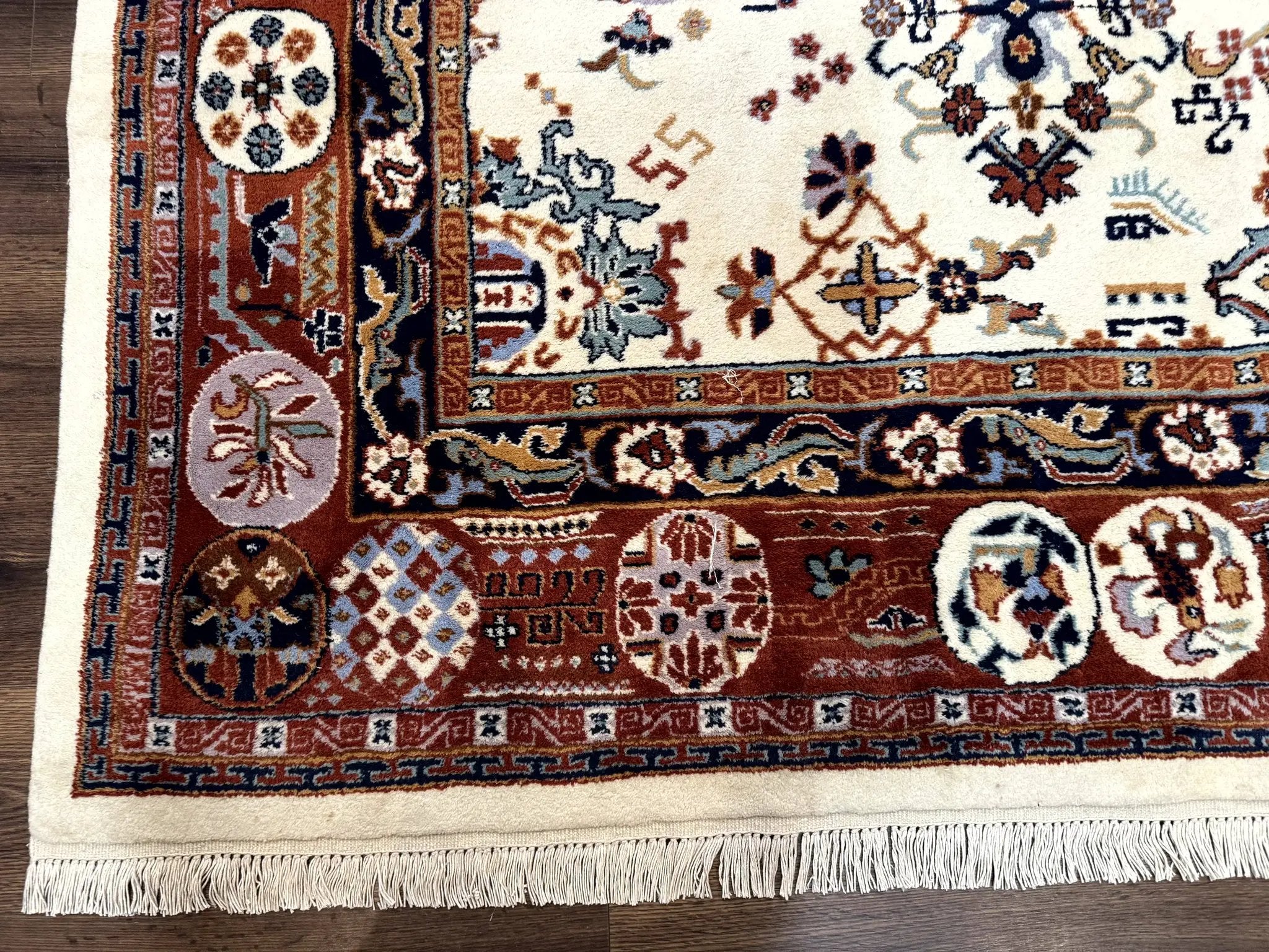 Indo Chinese Wool Rug 9x12, Ivory and Rust Red, Dragon Motifs by Jewel Rugs