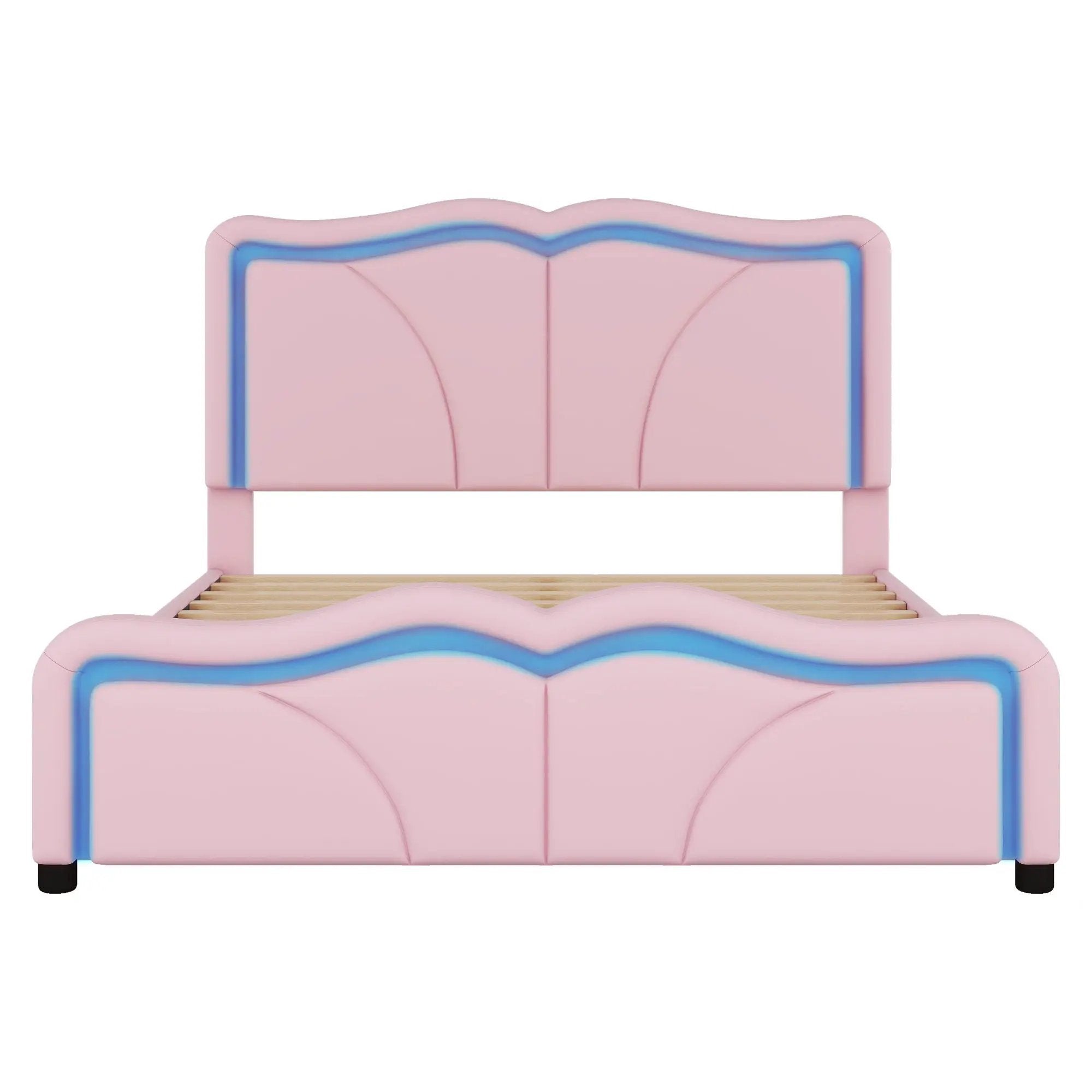Upholstered Platform Bed & Curve Shaped And Height Adjustable Headboard, LED Light Strips by HouseOfZazla