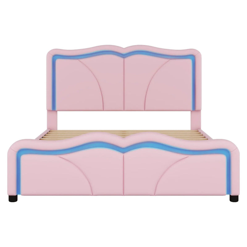 Upholstered Platform Bed & Curve Shaped And Height Adjustable Headboard, LED Light Strips by HouseOfZazla