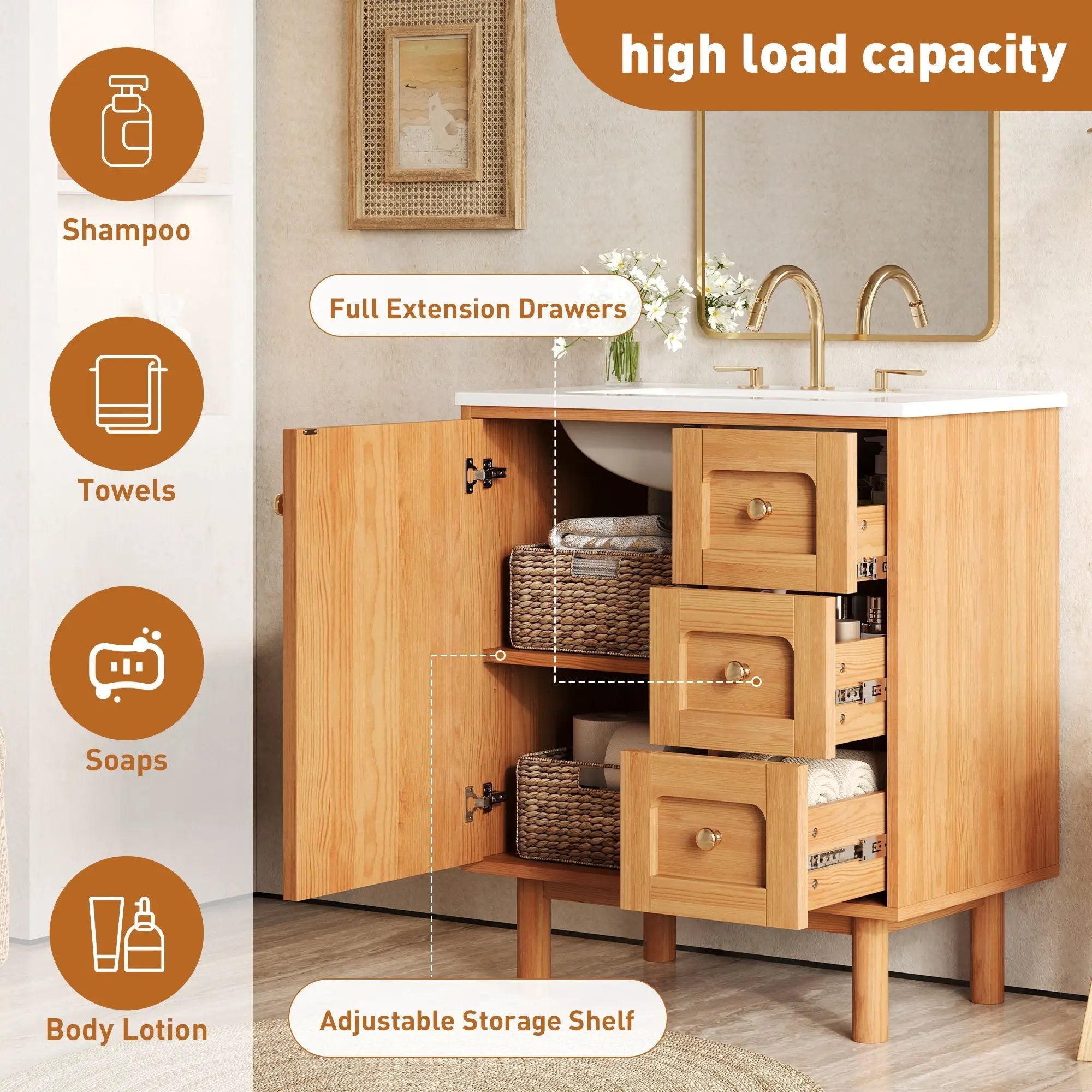 Bathroom Vanity With Sink, 3 Drawers, Soft Close Door - Natural Wood by HouseOfZazla