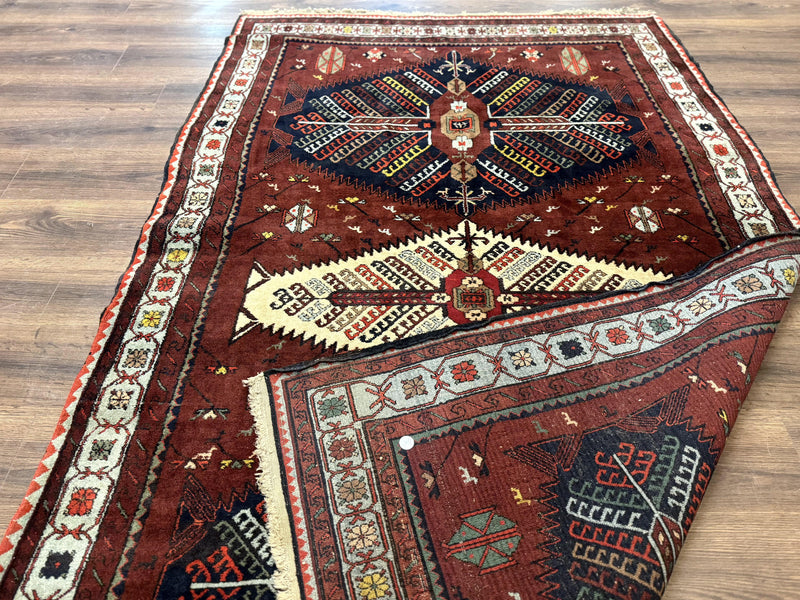 Antique Persian Tribal Rug 5 x 7.8, Triple Medallions, Red, Persian Afshar Rug by Jewel Rugs