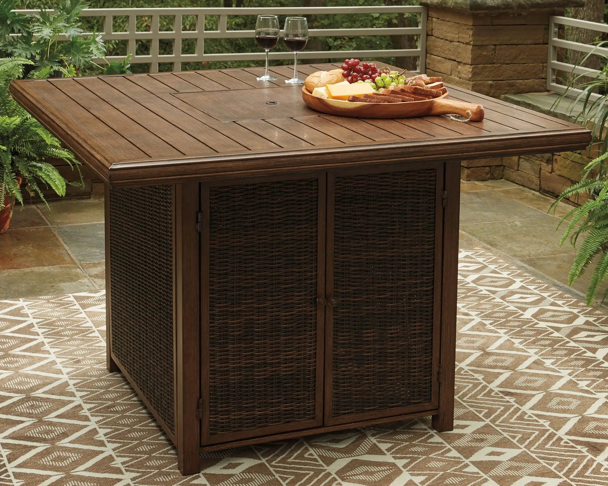 Paradise Trail - Square Bar Table w/Fire Pit - Medium Brown by Unique Piece Furniture