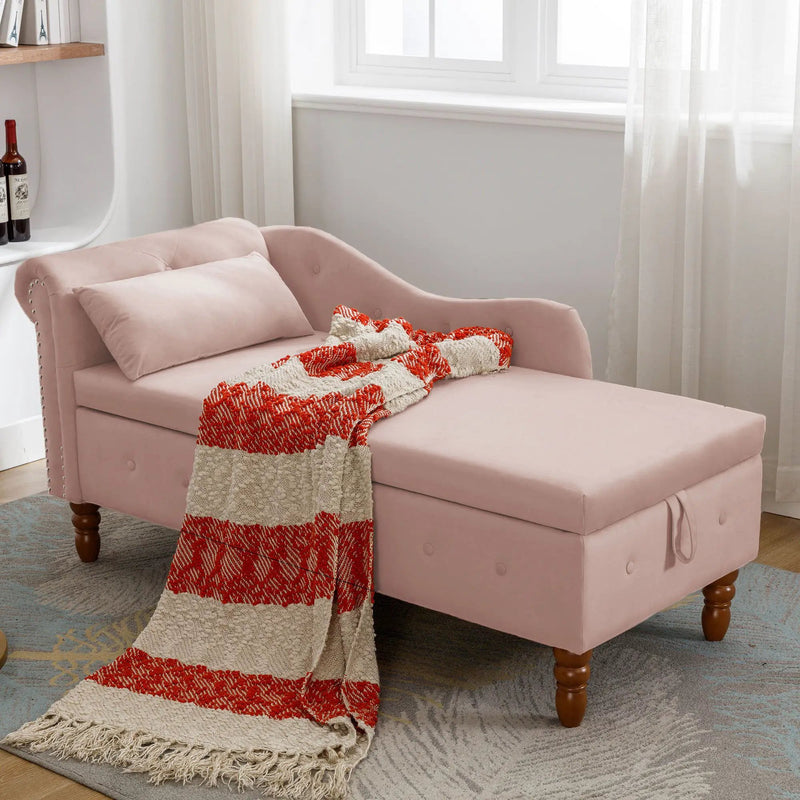 Chaise Lounge Indoor, Lounge Chair For Bedroom With Storage & Pillow, Modern Upholstered Rolled Arm Chase Lounge For Sleeping With Nailhead Trim For Living Room Bedroom Office by HouseOfZazla