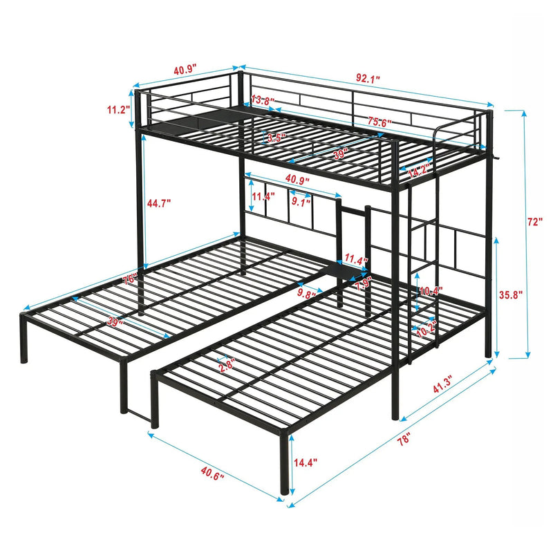 Twin Over Twin Over Twin Triple Bunk Bed With Safety Rails And Storage Shelf - Black by Unique Piece Furniture