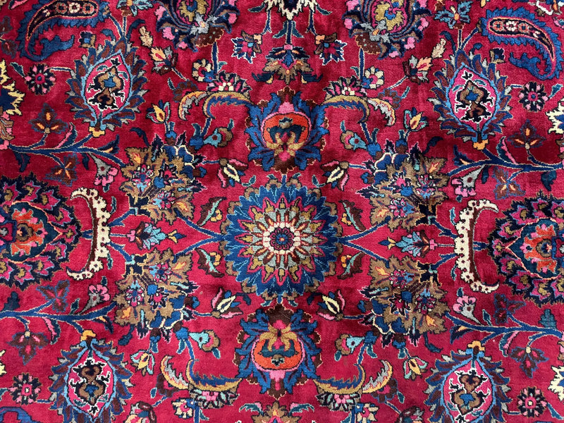 Palace Size Persian Mashad Rug 12x16, Raspberry and Navy Blue, Signature from Master Weaver, Antique Handmade Large Wool Carpet by Jewel Rugs