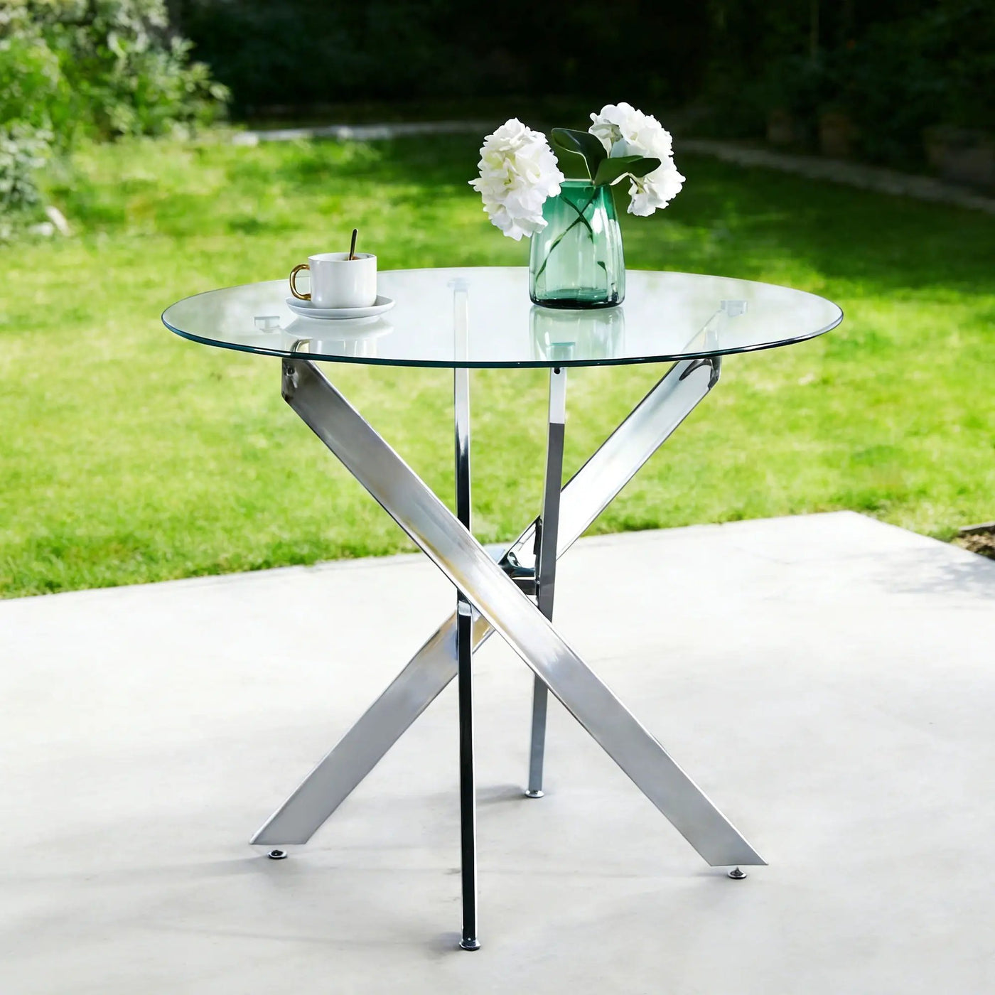 Dining Table With Cross Metal Leg And Tempered Glass, Modern Space Saving Kitchen Table For Living Room by Unique Piece Furniture