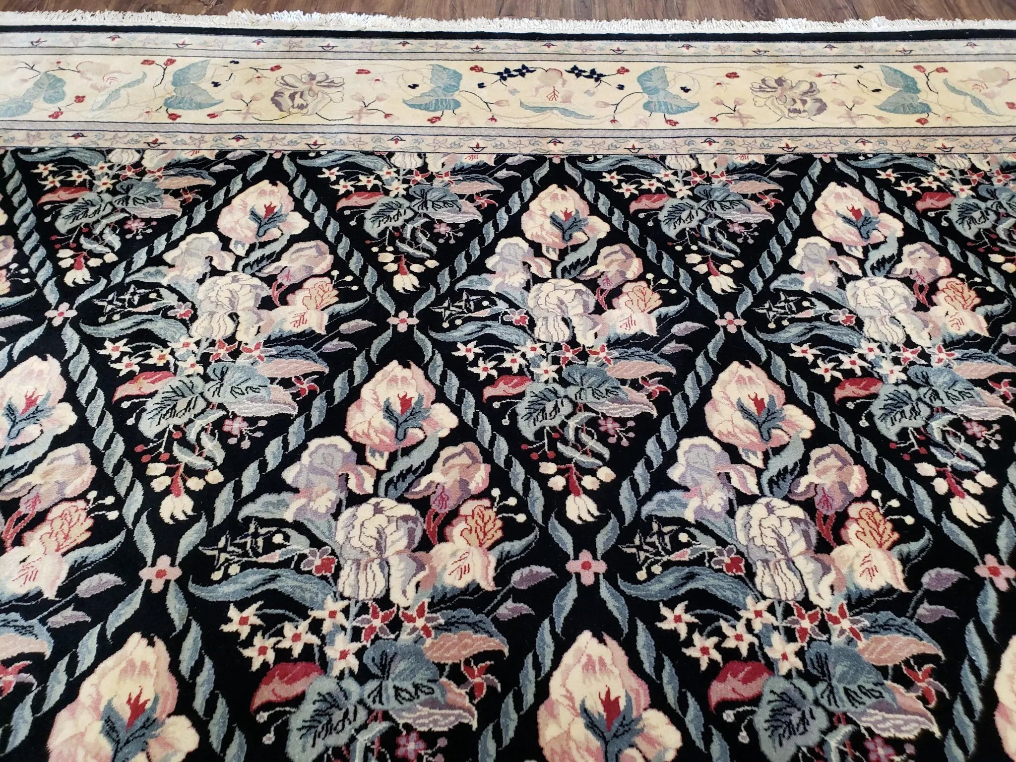 Sino-Persian Kirman Rug 9x12 Floral Handmade Wool Carpet Black & Ivory Vintage by Jewel Rugs
